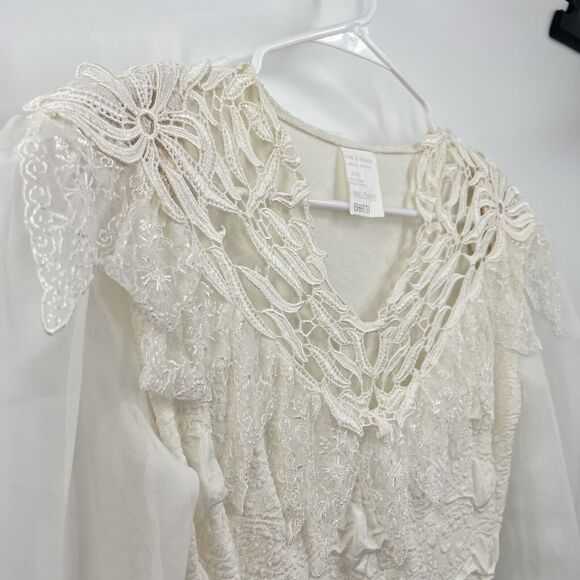 VTG Bhatti France Lace Ruffle Bodysuit Shoulder Pads Victorian S/M Classy - Picture 6 of 16